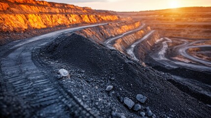 This dramatic image portrays a vast quarry with intricate layers of earth and rocks, showcasing the industrial extraction process in a striking landscape format.