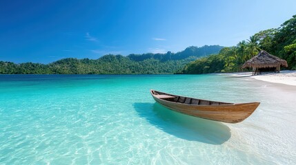 Obraz premium A tranquil beach scene featuring crystal clear turquoise waters and a solitary canoe, ideal for evoking feelings of relaxation, adventure, and natural beauty.