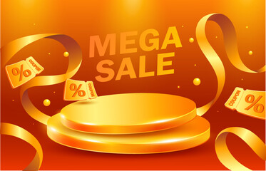 3d Flash sale banner template with unlimited golden coupons and ribbons flying around a stage or podium, isolated on red background. 3d discount banner in vector illustration. Vector illustration
