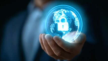 Businessman with digital shield and padlock symbolizing global cybersecurity network. - Powered by Adobe