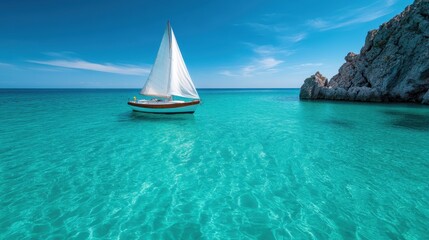 Fototapeta premium A picturesque scene of a sailboat gently gliding across the stunning turquoise waters, framed by rocky cliffs, representing serenity and the beauty of nature.