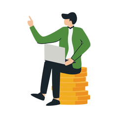 Businessman sitting on a pile of gold coins and carrying a laptop explaining business