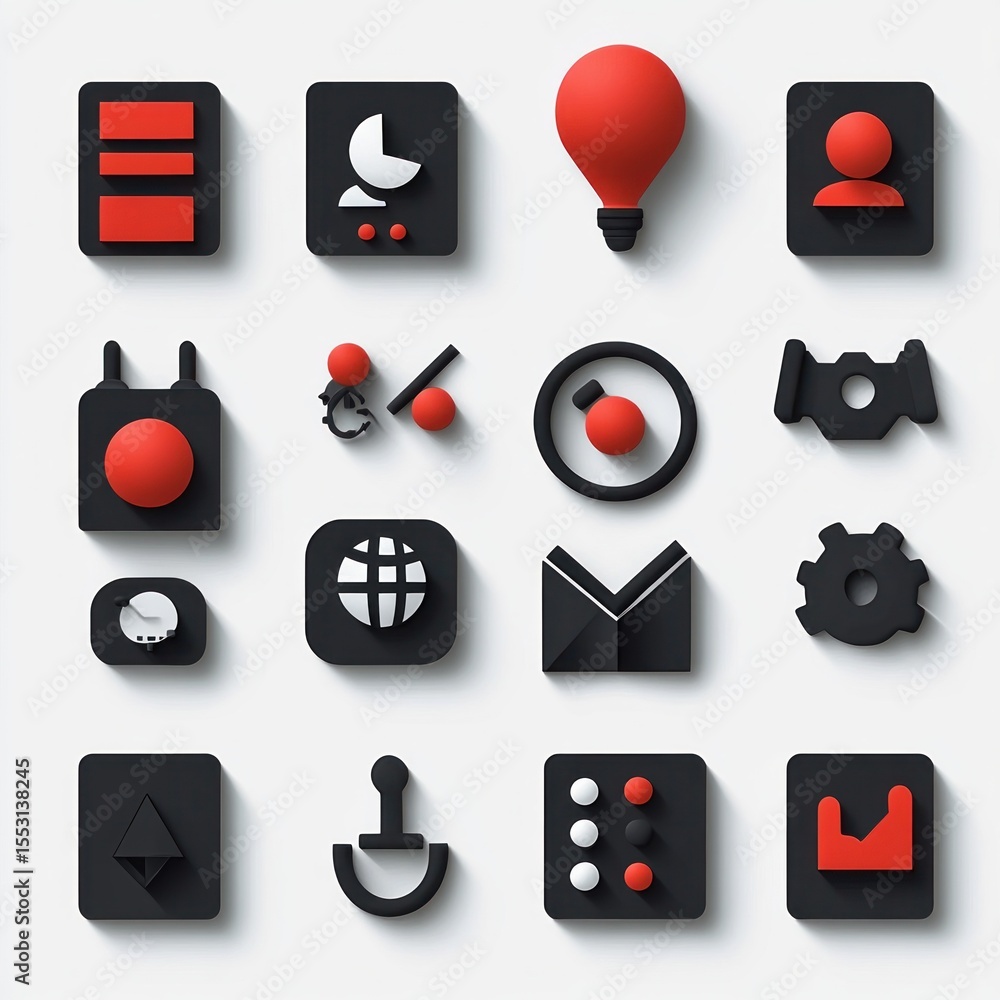 Poster set of modern black and red 3d data, communication, and technology icons arranged in a grid on a whi