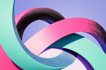 Colorful abstract composition of flowing paper strips in pink, green, and black against a gradient background