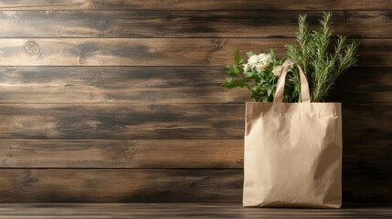 A simple brown paper bag filled with fresh greens represents eco-friendly shopping and a return to nature, emphasizing sustainability and natural living in modern life.