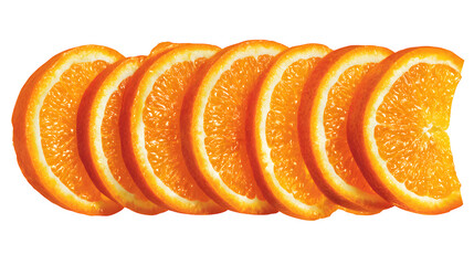 Creative circular arrangement of fresh orange slices and segments, forming a pattern, vibrant citrus fruit composition, top view. Isolated on transparent background.