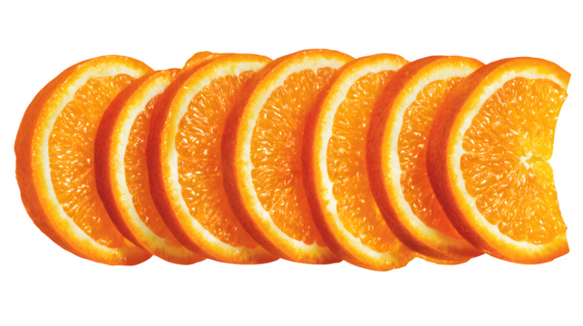 Creative circular arrangement of fresh orange slices and segments, forming a pattern, vibrant citrus fruit composition, top view. Isolated on transparent background.
