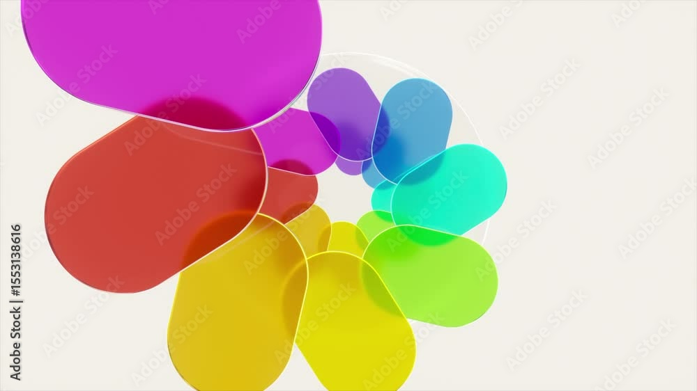 Poster transparent rainbow-colored rounded shapes rotating, forming spiral pattern against white background