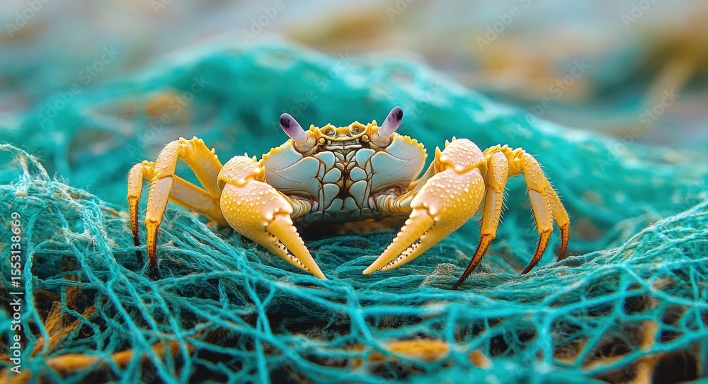 Wall mural close-up of a yellow crab standing on a tangled blue fishing net with a blurred background, showing 