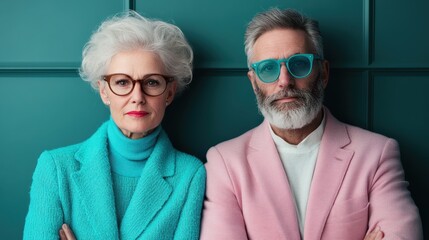A poised senior couple dressed in stylish, vibrant fashions, highlighting their bold personalities and contemporary fashion sense against a striking teal wall.