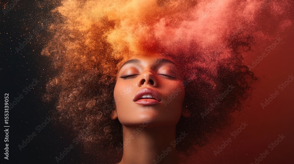 Poster a mesmerizing artistic portrait of a model surrounded by swirling clouds of colored dust, capturing 