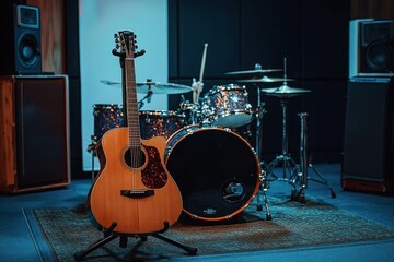 Naklejka premium Acoustic guitar on stand placed in front of a drum set with cymbals in a music studio room