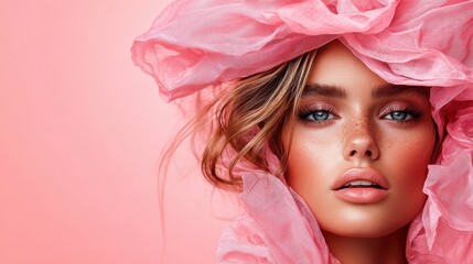 A striking portrait of a woman with captivating eyes wrapped in a soft pink veil, highlighting beauty, elegance, and intricate makeup artistry under soft lighting.