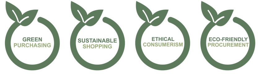 Four circular eco friendly business concept badges with leaf design featuring green purchasing. sustainable shopping. ethical consumerism and eco friendly procurement text labels. Vector illustration