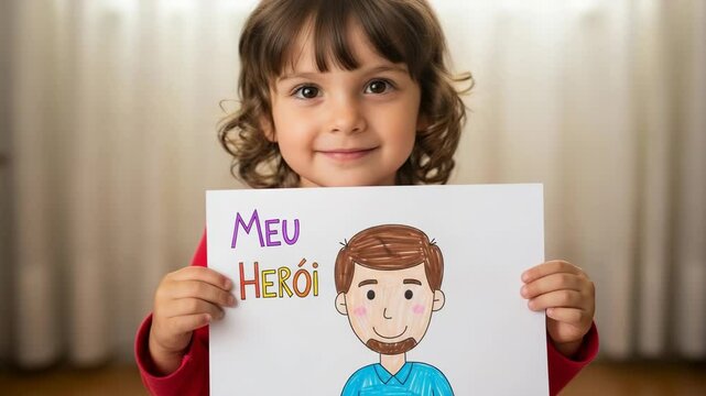 Cute little girl proudly holding a drawing of her father with the words Meu Heroi, meaning My Hero in Portuguese. Father's Day or birthday tribute from a loving daughter.

