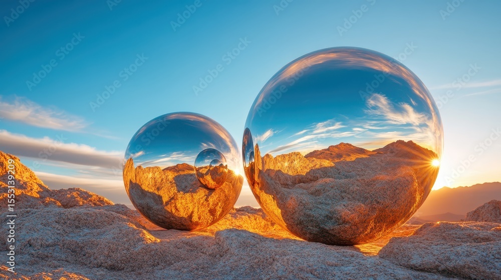 Poster two gleaming reflective spheres sit atop rocky terrain, capturing the surrounding landscape and sunl