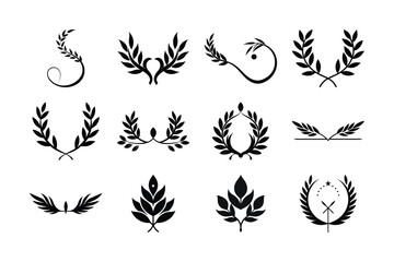 Vintage vector set of floral laurel wreaths with leaves, an ornate nature symbol illustration for elegant tattoo designs or decorative patterns