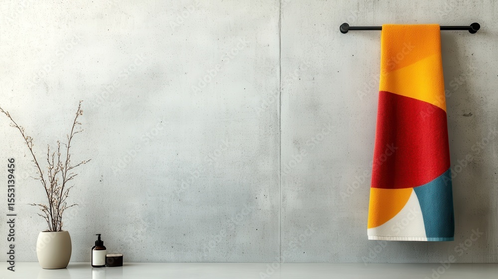 Poster a vibrant, patterned towel is hung against a minimalist concrete wall, creating a striking visual co