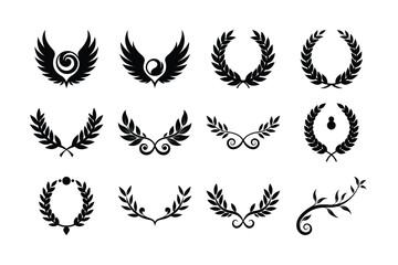 Obraz premium Collection of Elegant Laurel Wreaths and Winged Emblems Vector Graphics for Design Projects