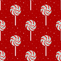 Festive seamless pattern with peppermint swirl candies on red background and snow dots. Perfect for Christmas wrapping, fabric, and holiday decor.