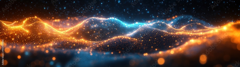 Poster abstract glowing wave pattern with vibrant blue and orange particles forming dynamic flowing curves 