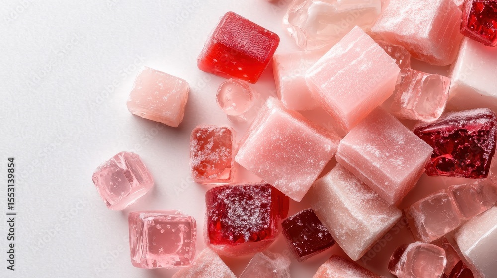 Poster a vibrant collection of assorted jelly cubes in shades of red and pink arranged on a white backgroun