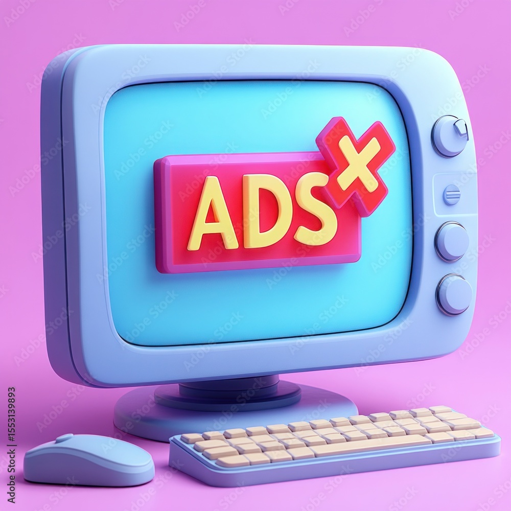Aufkleber 3d illustration of a retro-styled computer with a cancel ads notification displayed on screen, set a