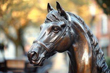 close-up of a bronze horse head sculpture with detailed mane and bridle in an outdoor setting with autumn background