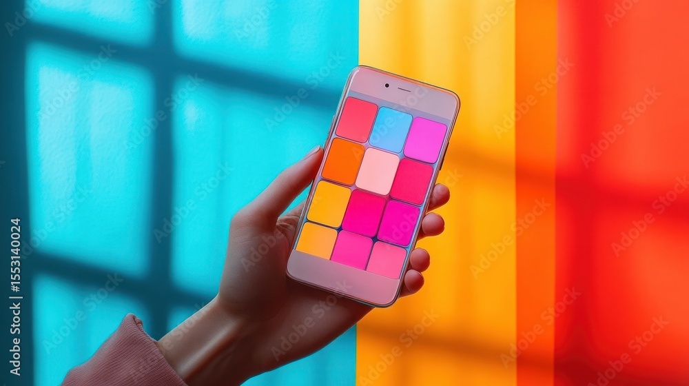 Poster hand holding smartphone with colorful square app icons against a vibrant blue and orange background 
