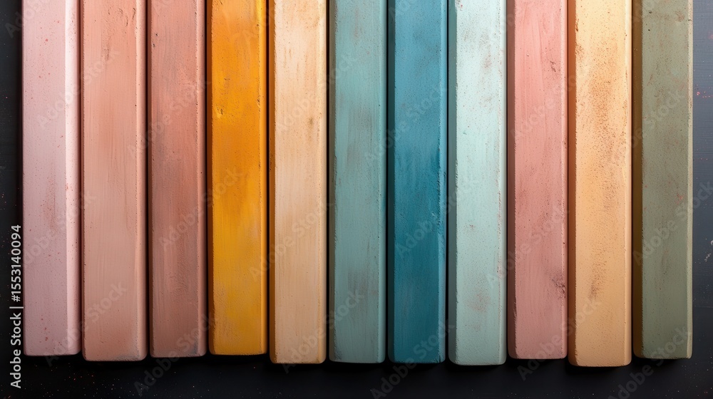 Poster a vibrant display of pastel chalks in various shades, neatly arranged in a grid, highlighting their 