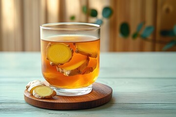 Glass of ginger tea with fresh ginger slices inside and beside the glass on a wooden coaster, set on a blue table with a blurred wooden background and green leaves