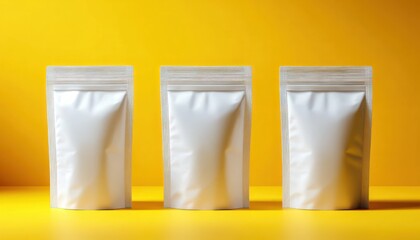 Three plain white flexible stand-up pouches with zip locks on vibrant yellow background