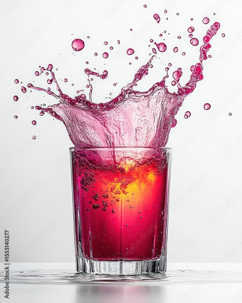 Poster vibrant red liquid splashing out of a clear glass with orange slice inside, frozen motion capturing 