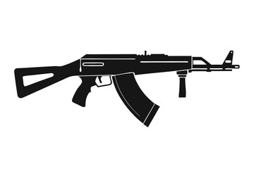 Silhouette showcases an assault rifle featuring a triangular stock, magazine, and distinctive barrel with transparent background