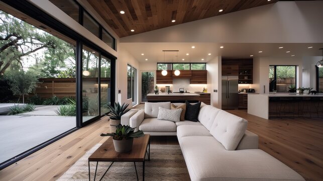 A bright living space featuring a cozy sectional sofa, wooden accents, and open kitchen layout that seamlessly integrates indoor and outdoor living.