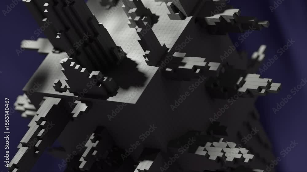 Poster pixelated grey cube structure rotating and evolving, revealing intricate geometric details against d