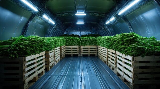 An intriguing view inside a transport plane filled with fresh green produce on wooden pallets, highlighting the journey of food from farm to table in an efficient and intriguing way.