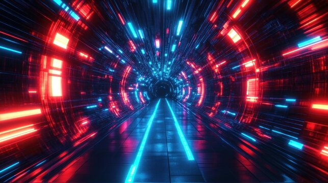 Futuristic glowing tunnel corridor with vibrant red and blue neon lights creating a dynamic high-tech atmosphere with reflective floor and light trails
