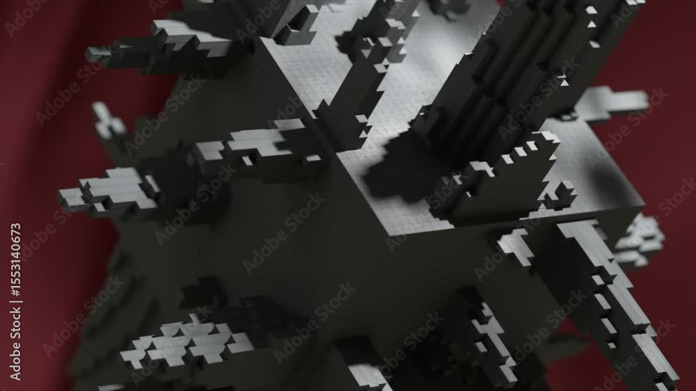 Poster intricate pixelated geometric cube rotating slowly, revealing complex structural dynamics against vi
