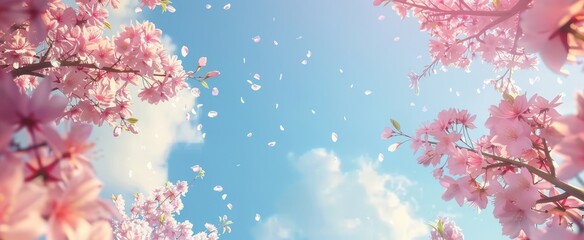 Pink cherry blossoms fill the frame with vibrant blooms and petals floating gently in the air, creating a serene atmosphere in spring