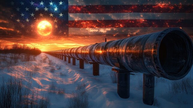 Large pipeline extending across snowy landscape at sunset with glowing orange sky and faint transparent American flag overlay - Powered by Adobe