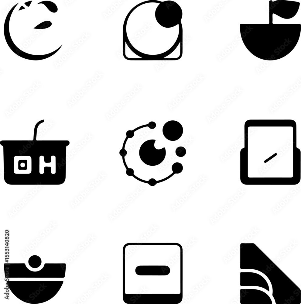 Poster black and white icon set with various shapes including circles squares and boat with a flag icons