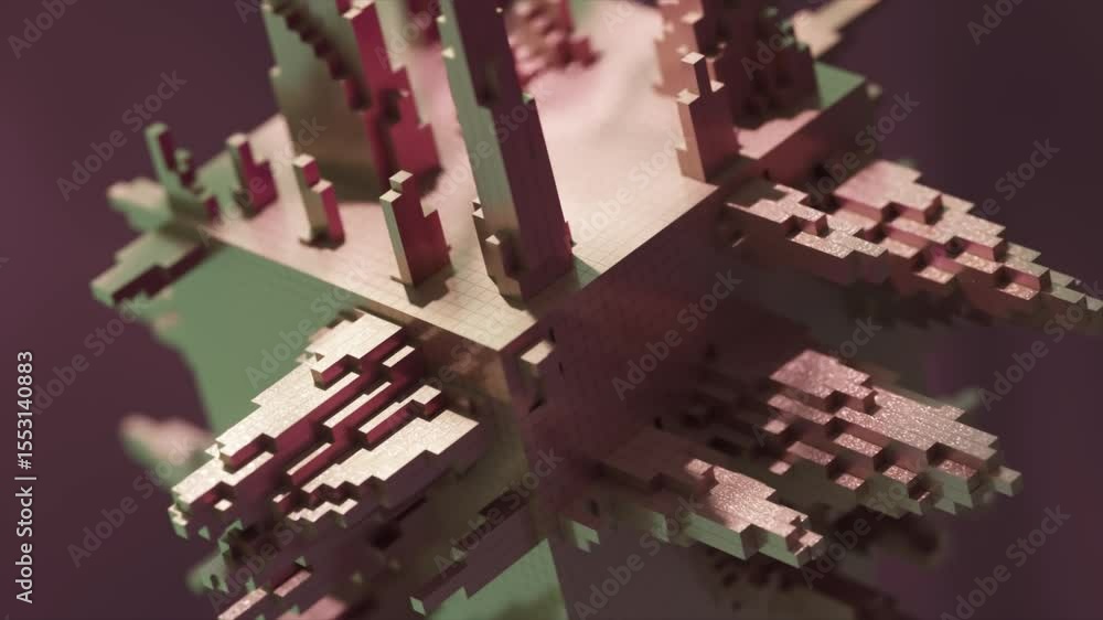 Poster metallic cube structure rotating slowly, revealing complex geometric design with extruding blocks ag