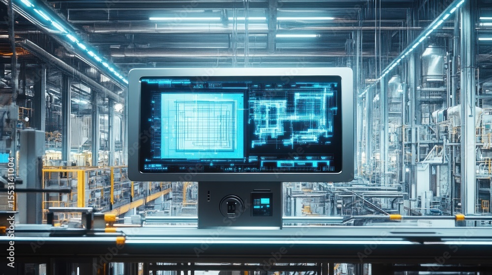Poster futuristic industrial setting with a digital touch screen displaying technical blueprints amidst a h