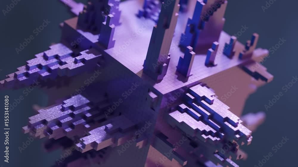 Poster purple pixelated cube slowly rotating and transforming, with extruding pixelated structures, on a da