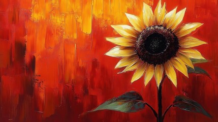 A vibrant sunflower with bright yellow petals and a dark center stands against a textured warm orange and red background, evoking feelings of warmth and energy