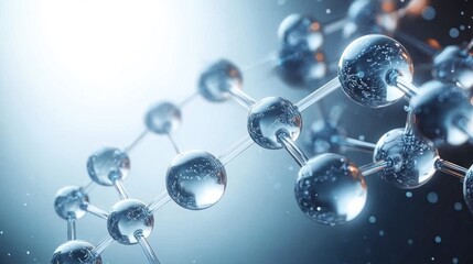 Close-up of a shiny molecular structure model with interconnected spheres reflecting light on a soft blurred background