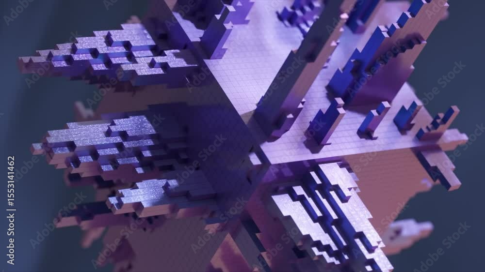 Poster digital pixelated cube rotating slowly, revealing intricate protrusions against deep dark background