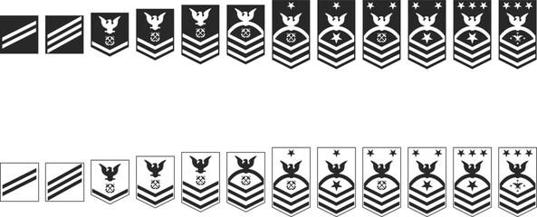 Set of icons of naval ranks of private and sergeant corps, icons of naval ranks in the form of silhouettes and lines in black colors.