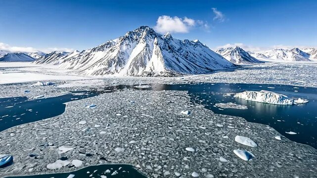 Arctic landscape with snow-capped mountains and ice floes